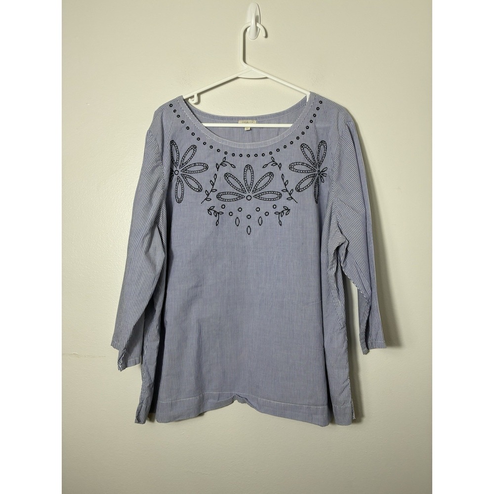 Talbots 100% Cotton Blue Striped Top 3XL Embroidered Peasent